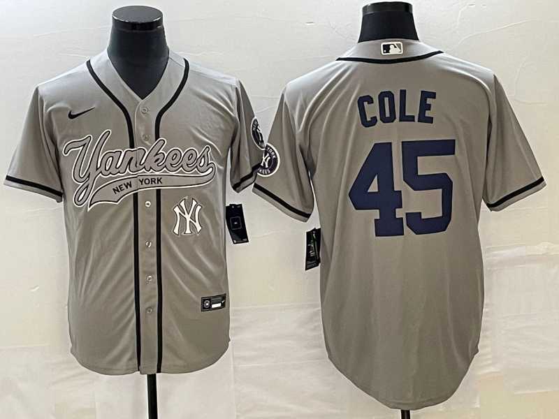 Mens New York Yankees #45 Gerrit Cole Gray With Patch Cool Base Stitched Baseball Jersey